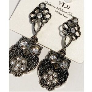 Victoria Leland Designs Metal Rhinestone Owl Drop Earrings Novelty Accessory